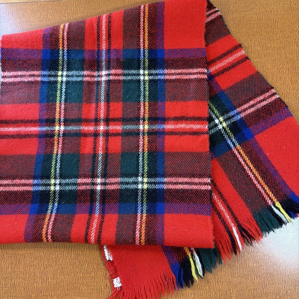 Vtg Red Plaid Wool Scarf From Scotland 55" By 12"